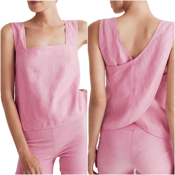Madewell Tops - SOLD* Madewell Irene 100% Linen Cross Back Sleeveless Crop Top Pink